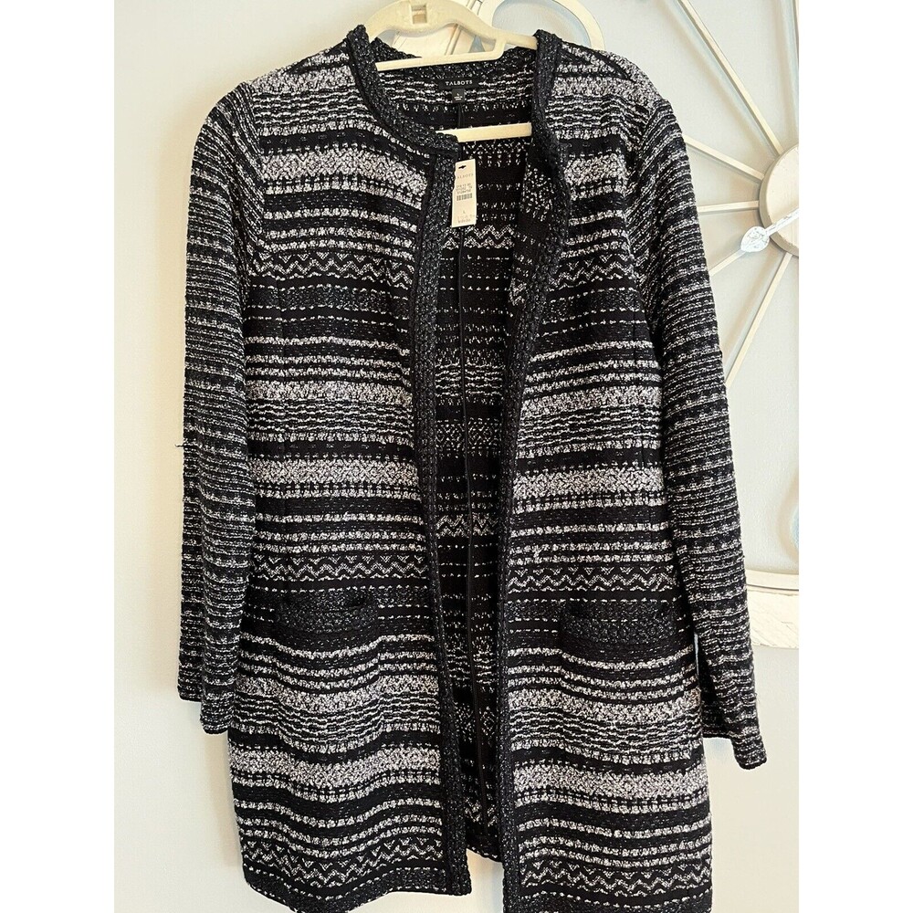 NWT - Talbots Black White Metallic Duster Open Front Cardigan Sweater Women’s L